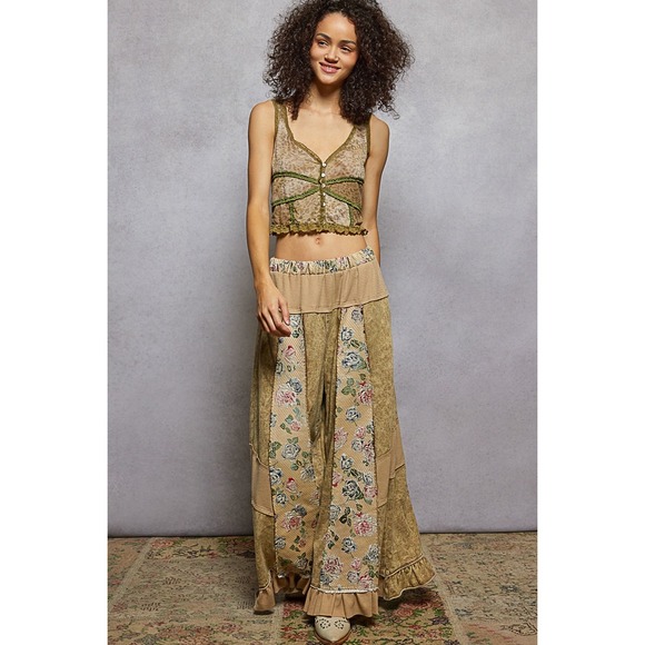 POL Pants - POL French Terry Patchwork Pants Ruffle Hem Floral Boho Acid Wash Tan Small